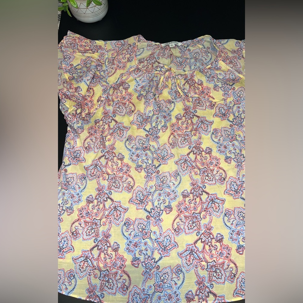 Zac & Rachel Paisley Yellow Blouse w/ cap ruffled sleeves and keyhole sz 2X EUC